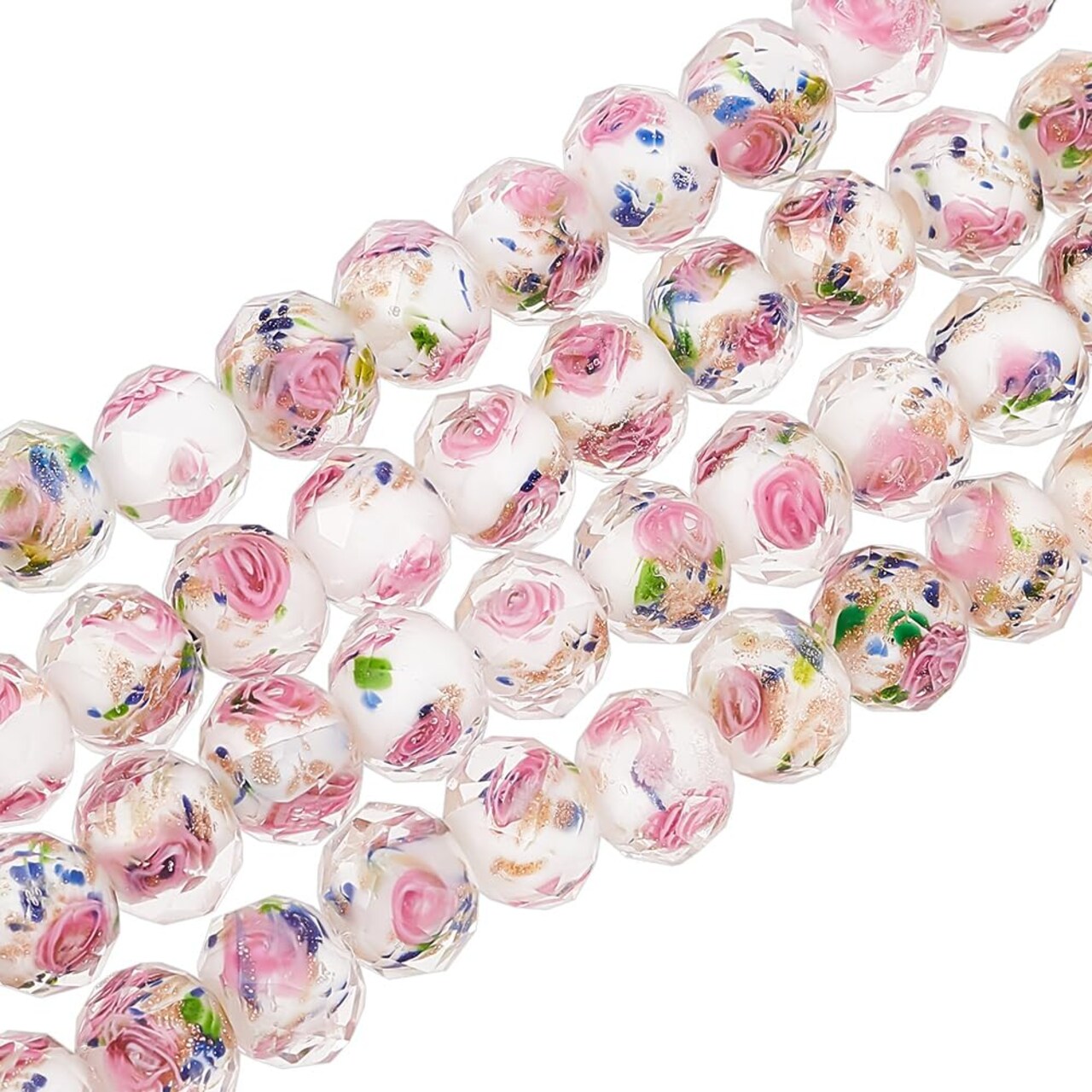 60pcs 9~10mm Rose Lampwork Beads Gold Sand Glass Beads Handmade Flower Glass Beads Round Loose Beads for Rosary Making Jewelry Craft Making with 1.5~2mm Hole - White